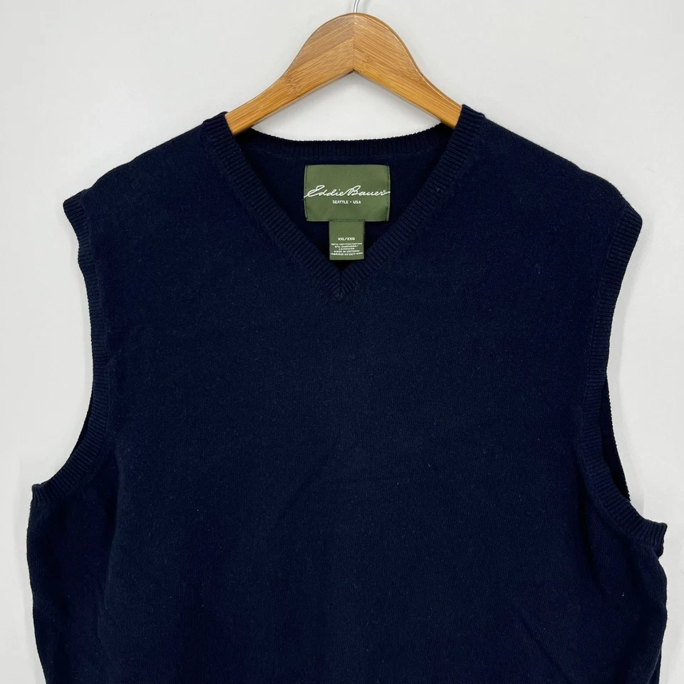 Eddie Bauer Sweater Vest Men's 2XL Navy Blue Cotton Blend V Neck Sleeveless - Image 2 of 4