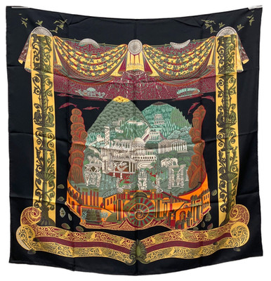 HERMES Carre 90 L'Atlantide black Silk 100% Scarf Authentic