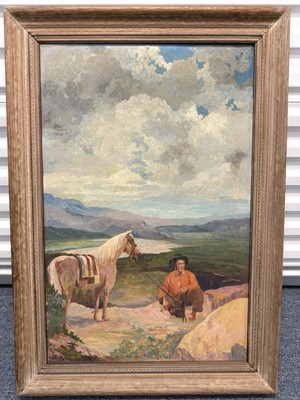 Indian and his horse in a Western Landscape oil paintings original framed Nice!