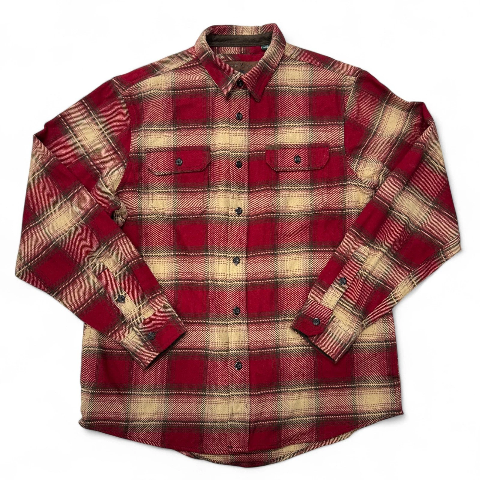 Orvis Flannel Shacket Shirt Plaid Mens Large Button Up Red Beige Pockets Heavy