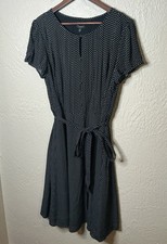 Talbots Fit Flare Midi Dress Womens 16P Black White Dot Keyhole Neck  Cap Sleeve