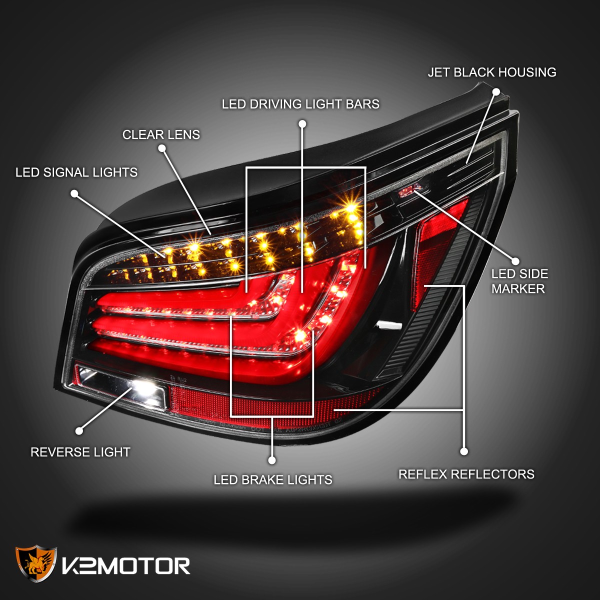 「168」08-10　BMWE605　レッドネオンLEDバーテールブレーキライト Fits 2008-2010 BMW E60 5-Series 4 Door Jet Black Housing Red LED