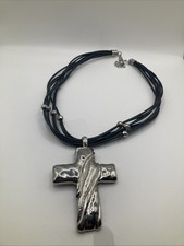 Black Multi Strand Stringed Large Silvertone Christian Cross Pendant Necklace