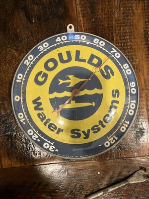 Rare VTE GOULDS WATER SYSTEM MILITARY ART GRAPHICS THERMOMETER PAM CLOCK CO 1960