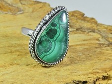 Natural Green Malachite 925 Solid Sterling Silver Ring Size US-9