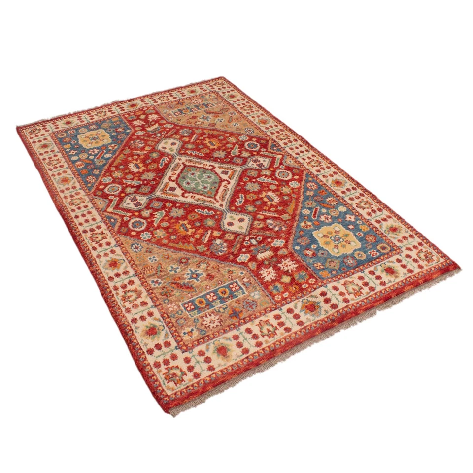 Excelente alfombra oriental de lana afgana roja hecha a mano Shirazzi 3'9x5'8 pies Y33030 Foto 3 de 4