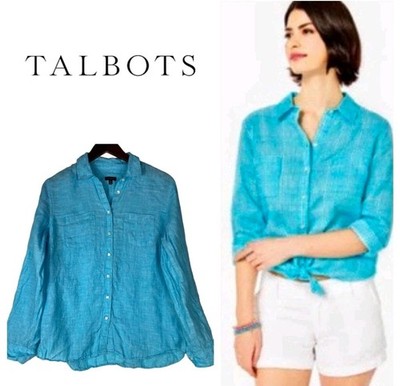 Talbots Medium  Shirt Top Button Dwn Blouse 100% LINEN Turquoise Aqua Blue 