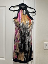 GUESS by Marciano Silk Satin Sheath Dress Halter Abstract Black Size 4 Zip