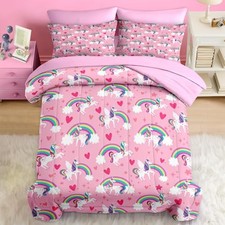 Comforter Set Size, Cute Heart 7 Pcs Bedding for Kids and Adults, Queen Unicorn