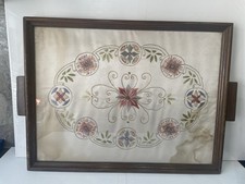 Large Antique Wooden Tray With Embroidery Under Glass 22 Inches Length 17 Wide ￼