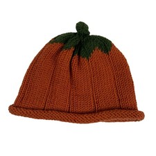 Handmade Knit Pumpkin Baby Beanie Orange Green Fall Halloween Hat Ribbed Beanie