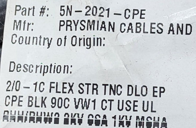 Carol 5310.01210 #2/0awg Super Vu-Tron DLO Lead Wire RHH/RHW-2 2000V Black /5ft