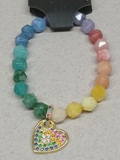Natural Stone Beaded Bracelet Faceted With Colorful Heart Pendant    