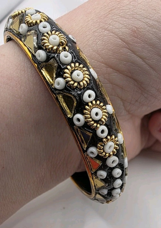 Vintage Beaded Bangle Black And Gold