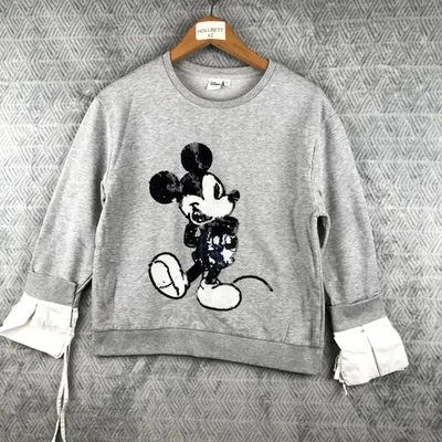 DISNEY Mickey Pull Femme S Gris Paillettes Manches Longues Poignets Superposés - Photo 1/4