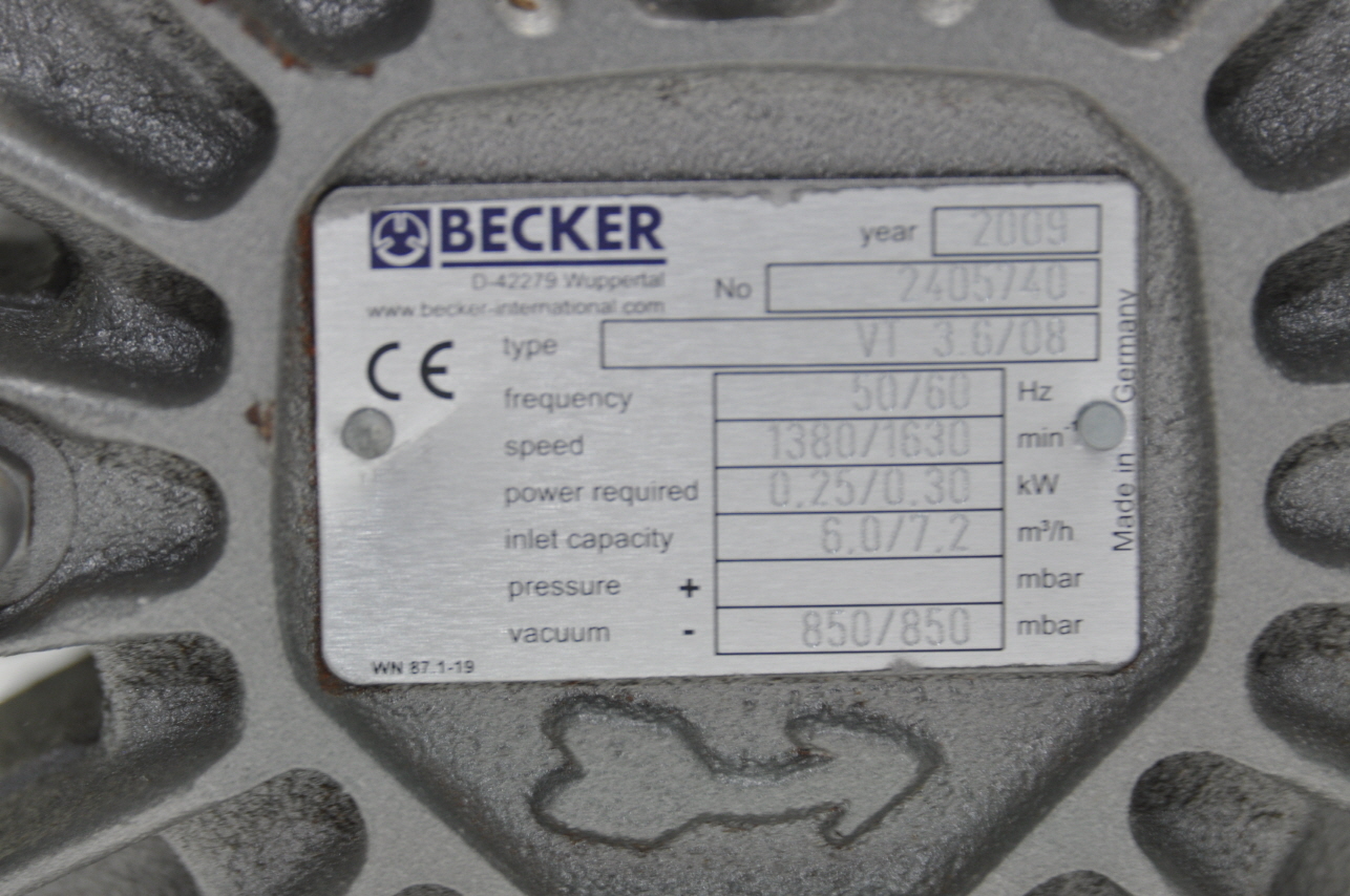 BECKER OIL LESS VACUUM PUMP D42279, VT3.6/08, 230V, 300W, 7.2m³/h