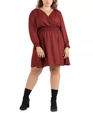 Black Tape Womens Trendy Plus Size X Smocked Solid Dress Long Sleeves Rust $79