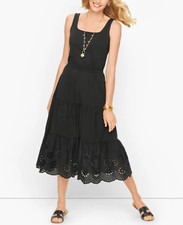 TALBOTS SLEEVELESS BLACK FIT & FLARE TIERED JERSEY EYELET MIDI DRESS Sz 1X
