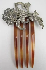 GORGEOUS 1930'S STERLING SILVER MARCASITE & CELLULOID FLOWER HAIR COMB ORNAMENT