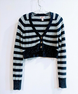 Arizona Navy Blue Gray Stripe Button Crop Cardigan Sweater