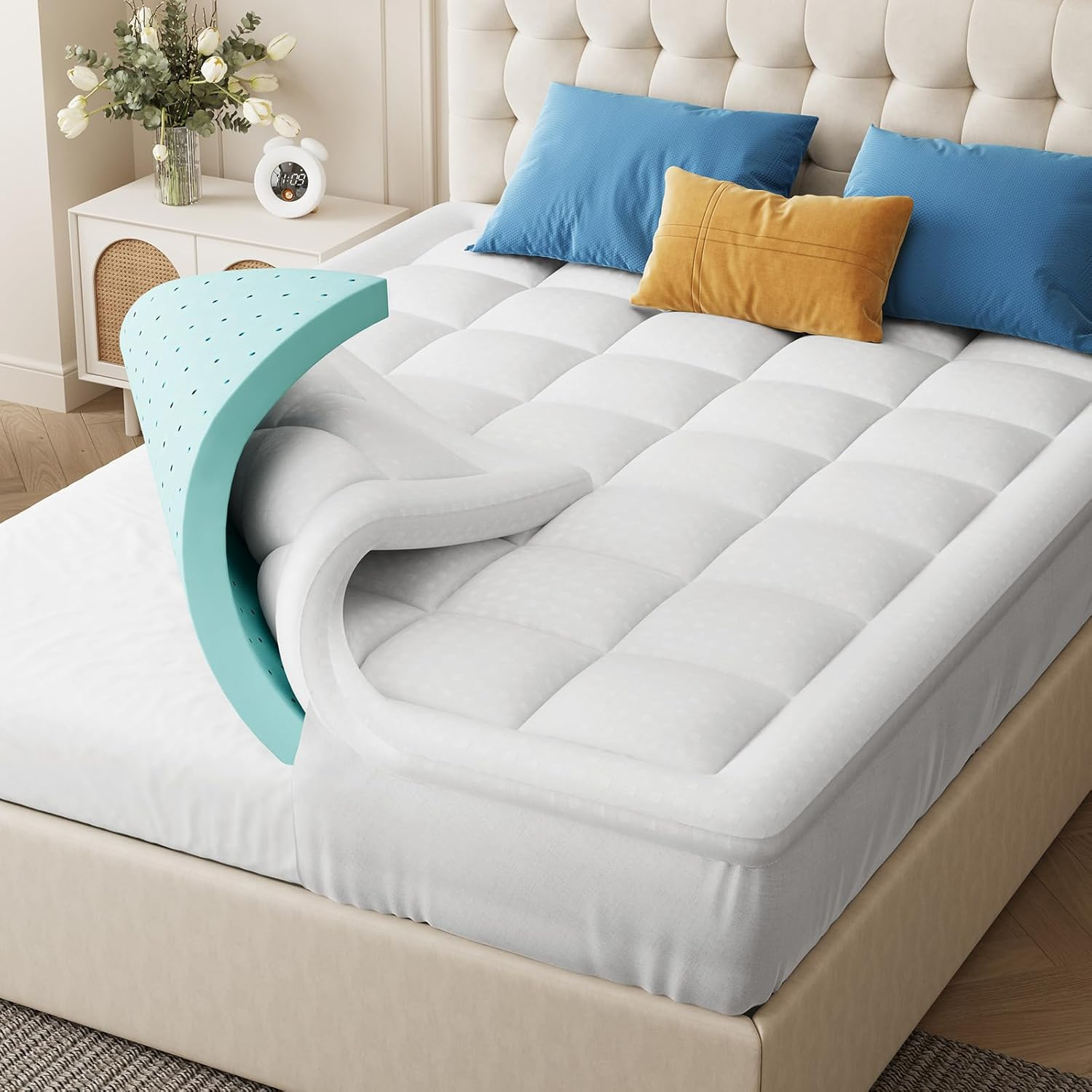 Dual Layer 4 Inch Thick Memory Foam Mattress Topper Queen Size, 3 Inch Cooling G