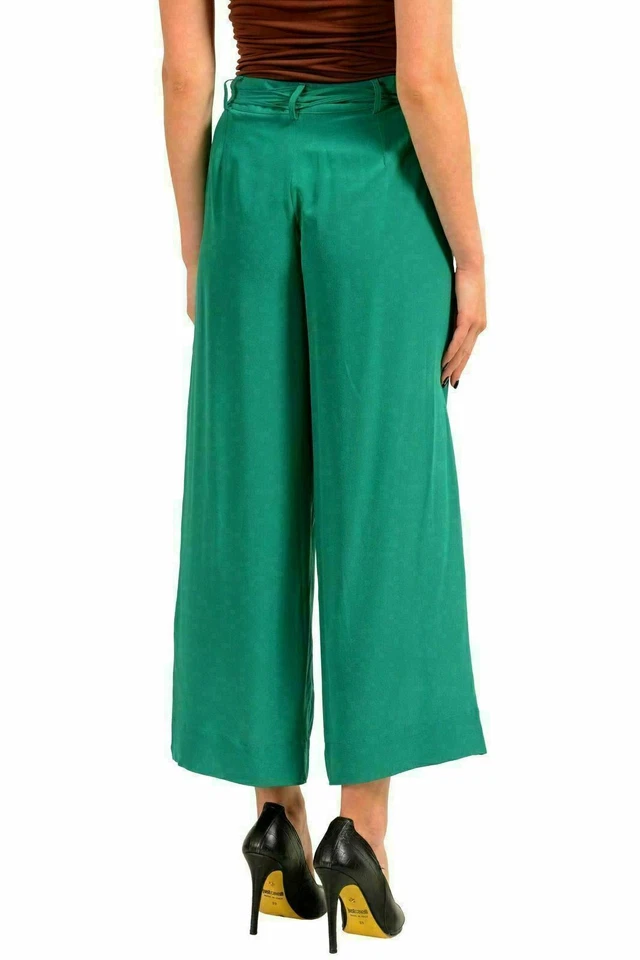 Pantalones para mujer Just Cavalli 100 % seda verde cinturón recortados pierna ancha EE. UU. 4 IT 40 Foto 3 de 4