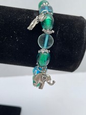 Blue Beads  silver tone elephants bracelet Magnetic clasp 8" DJ204