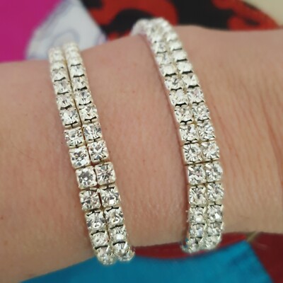 2 Damen Silber Tennis Armband Zirkonia Kristall Elastisch Brautjungfer Geschenk S