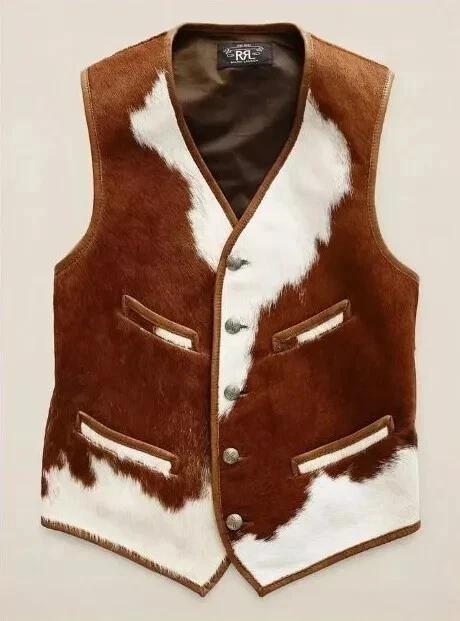 Genuine Cowhide Leather Vest - Natural Hair on Real Fur Western Rodeo Waistcoat