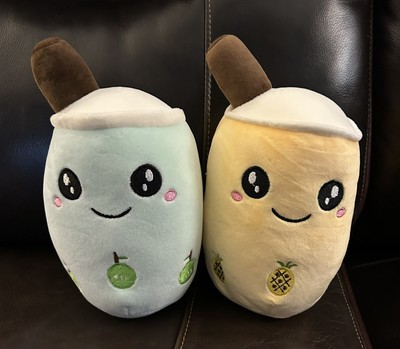 Two 8 Inch Boba Plush - Apple Smiling And Pineapple Cheeky Bubble Tea-New In Bag