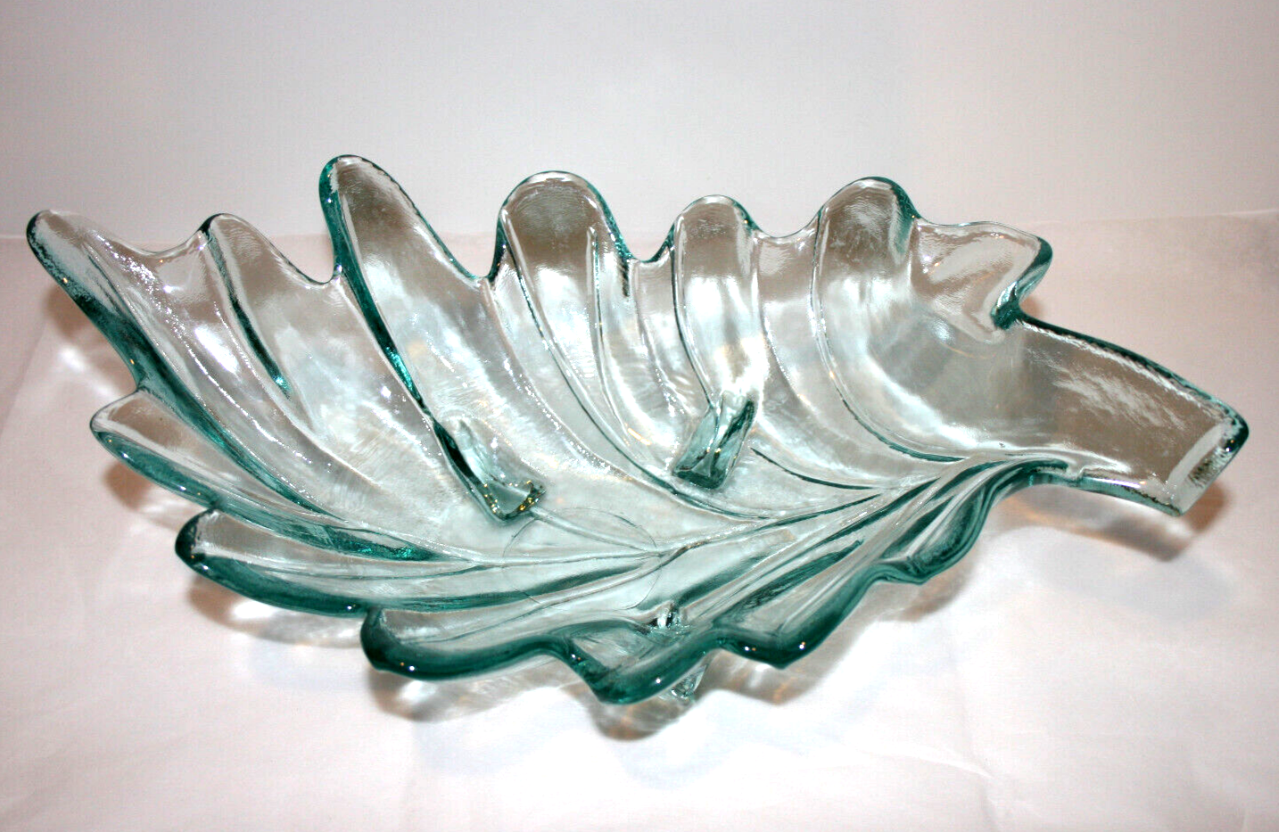 Teal Blue Glass Leaf Shaped 3 Footed Candy Nut Dish-image