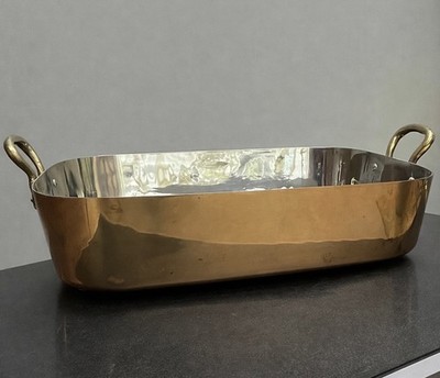 Vintage copper Rectangular ￼ roasting pan Solid brass handles 10.75 X 15  Korea
