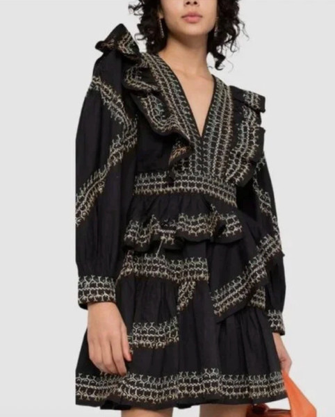 ULLA JOHNSON Anais Mini Dress Ruffle Embroidered Black Cotton 4 Small