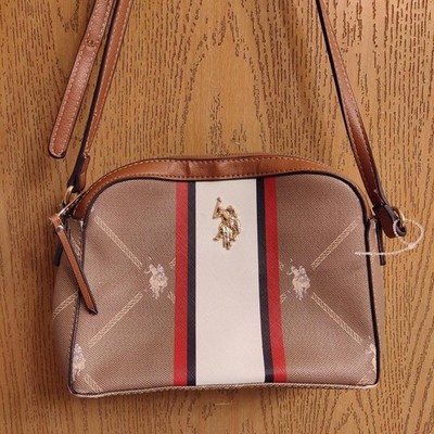 US Polo Assn. Brown Shoulder Bag with Striped Pattern, Logo, Gold-Tone Hardware