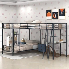 Twin Bunk Bed with Twin Loft Bed, L-Shaped Triple Bunk Bed with Desk and Storage