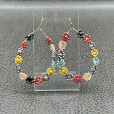 Colorful Beaded Flower Large Hoop Earrings Womens Gold Tone Boho Dangle Jewelry
