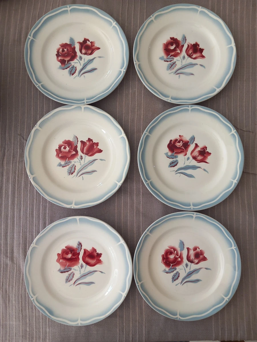 9 assiettes Digoin Sarreguemines fleurs beige marron et bleues - Arts de la table