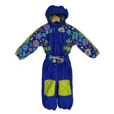 Fera Blue Green Floral Snowsuit Retro One Piece Ski Suit Zip Up Girl's 4 Hooded