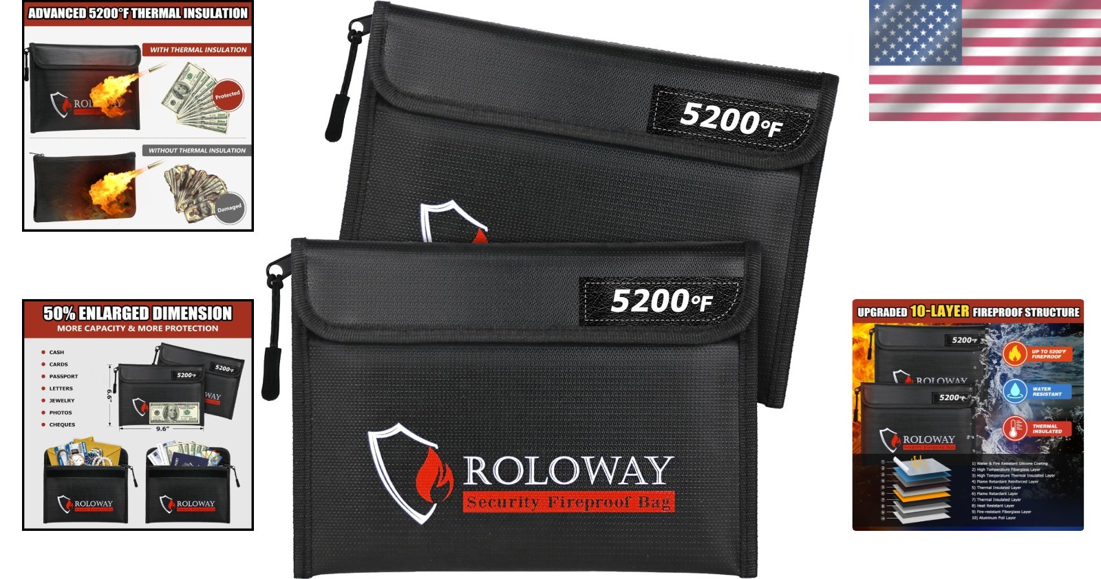 5200°F Fireproof Money & Document Bag 2-Pack – Upgraded Heat & Water Resistance