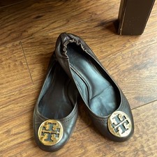 Tory Burch Reva Chocolate Brown Leather Gold Emblem Ballet Classic Flats Size 8