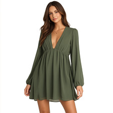 Show Me Your Mumu Dakota Dress S Green Babydoll Boho Prairie USA Lined Deep V