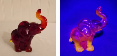Fenton Amberina Red Elephant Figurine Trunk Up UVA Reactive Cadmium Glows Orange