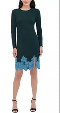 Vince Camuto Green Blue Lace Shift Long Sleeve Knee Dress Size 8