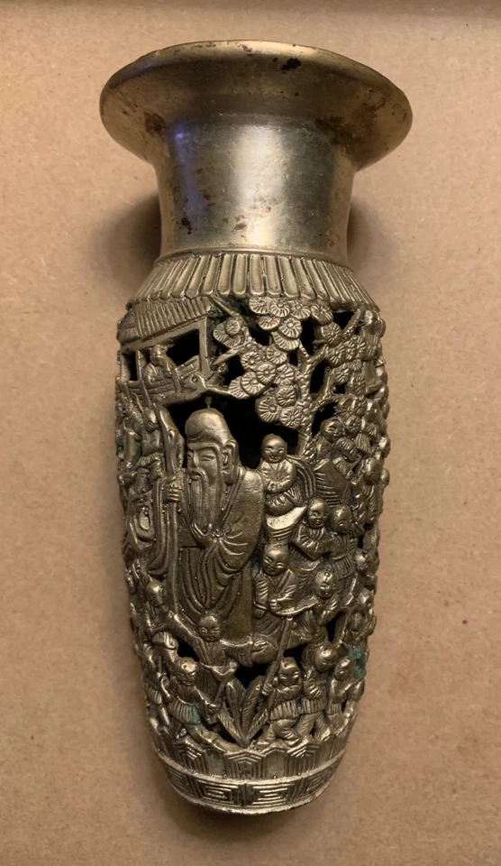 Jarrón chino de plata maciza con marca del período Guangxu de la dinastía Qing Foto 3 de 4