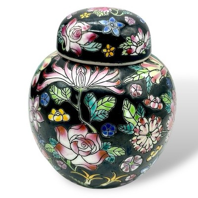 Small 4  Chinese Jingdezhen GINGER JAR Black Floral Design Signed   EUC