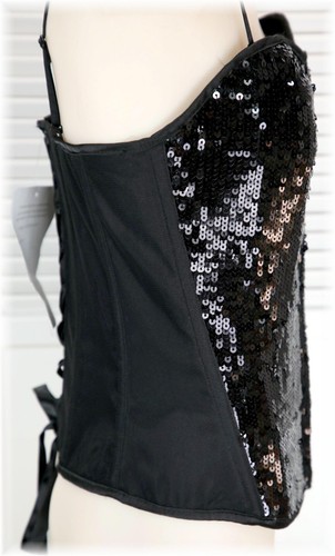 Show Time Black Sequins Boned Lace Up Back Clip Front Shirley's Corset Size M - Picture 5 of 10