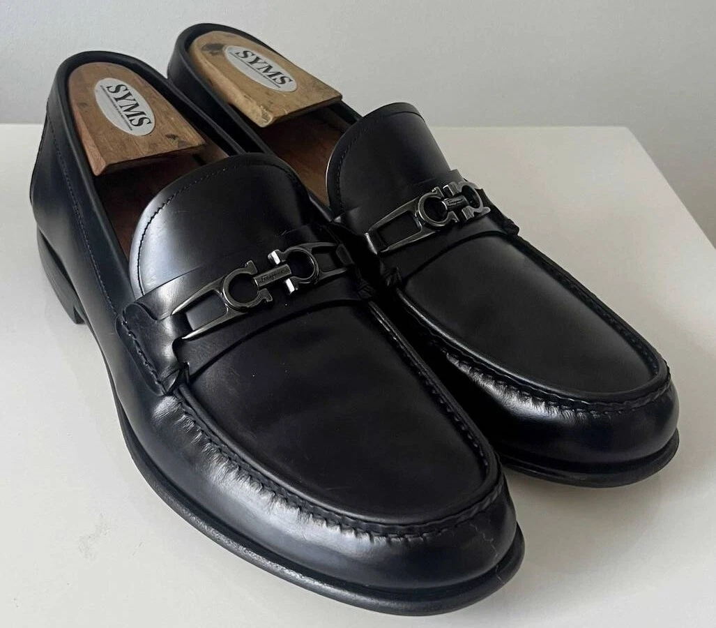 Ferragamo — Ferragamo Silver Gancini Bit Black Leather MATHIAS 7.5 D Men's Dress Loafers