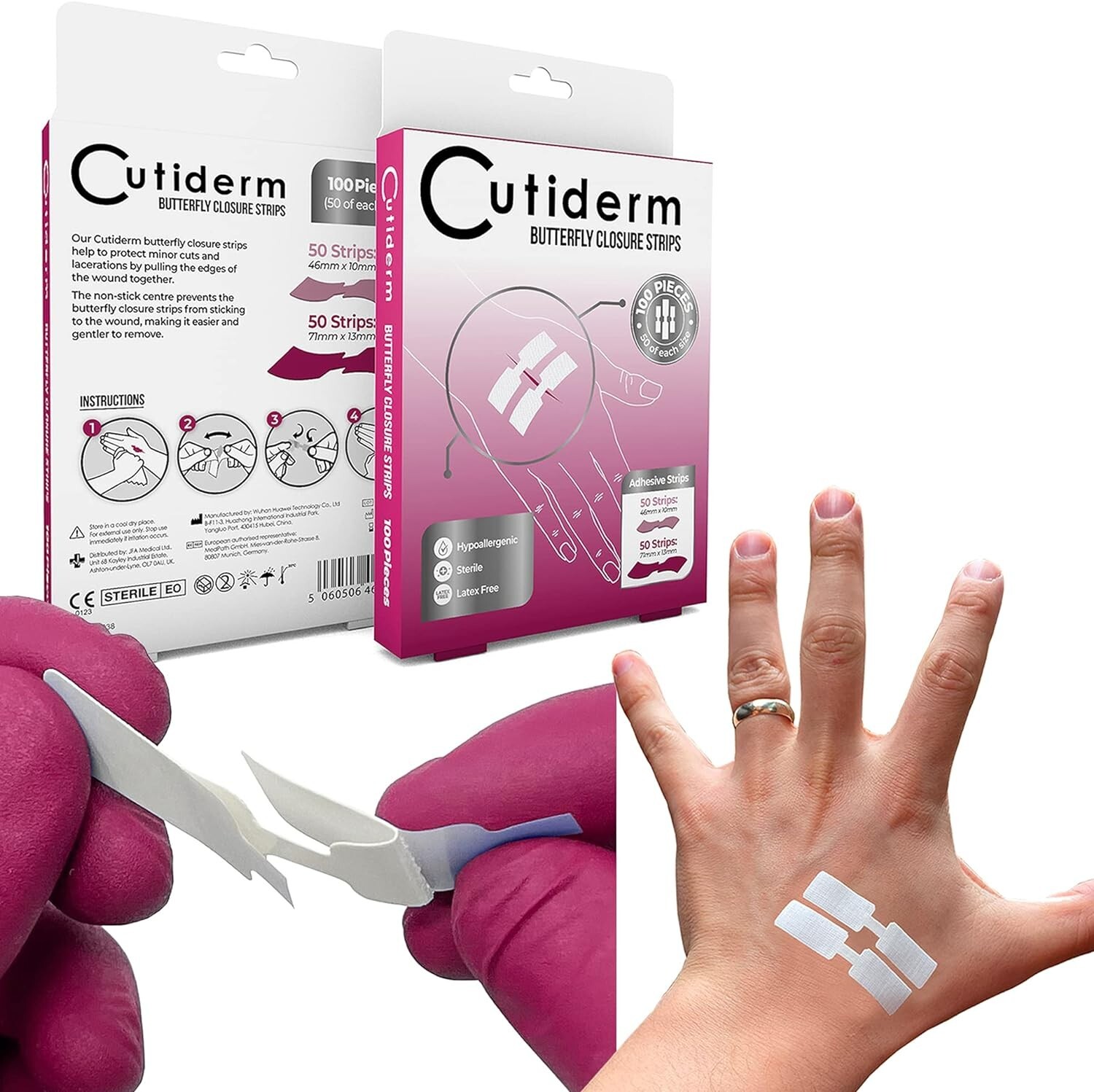 Cutiderm Skin Sterile Butterfly Wound Closure Suture Strips, 2 Sizes - Box of 10