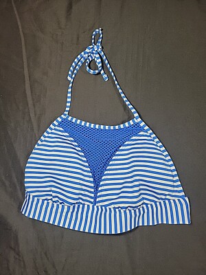 Mossimo bikini top blue white stripe high neck halter mesh