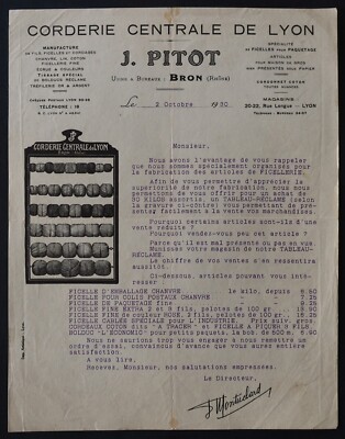Rechnung 1930 BRONZE Rhône Cordie PITOT Garn Leinen Baumwolle illustrierter Kopf 131
